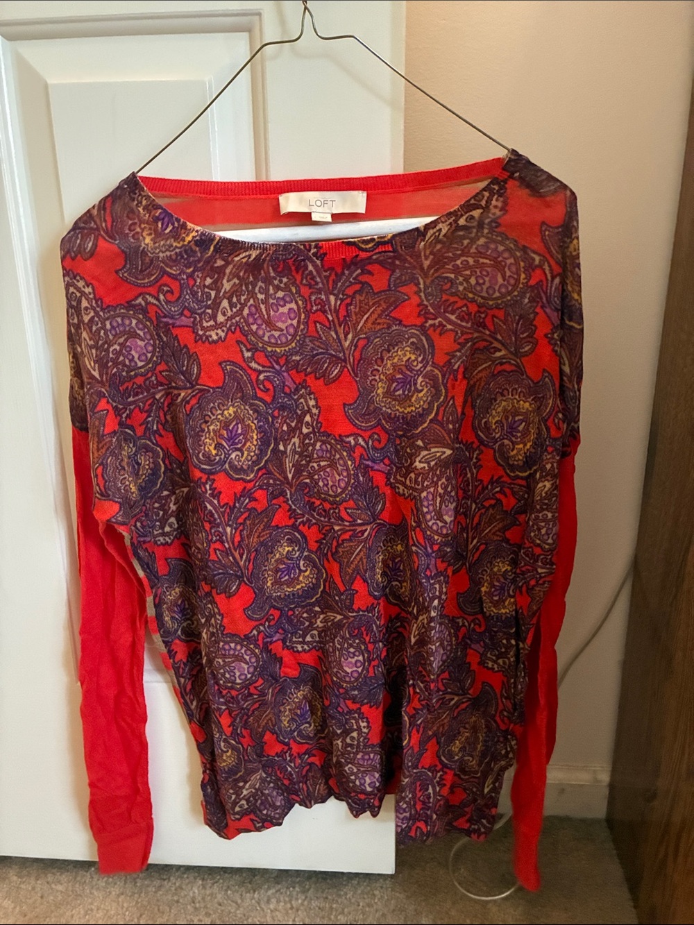 LOFT Red Orange Long-Sleeve Paisley Print Top